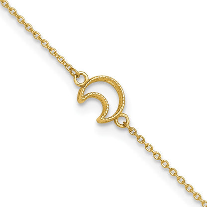 14K Yellow Gold Gold Textured and Polished Moon 9in Plus 1in Ext. Anklet