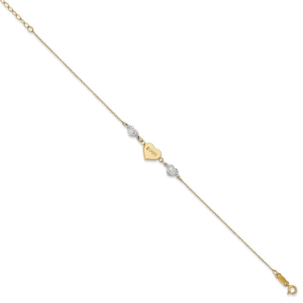 14K Two Tone Puffed Love Heart And Diamond Cut Beads 7 Inch Bracelet Plus 1 Dangle Extender