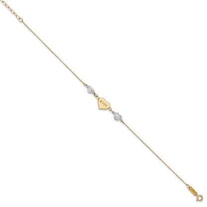 14K Two Tone Puffed Love Heart And Diamond Cut Beads 7 Inch Bracelet Plus 1 Dangle Extender