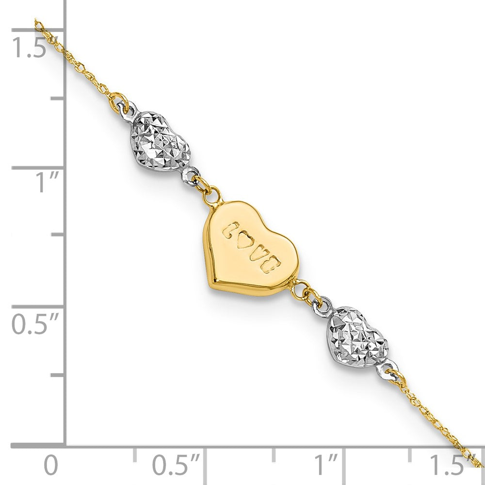 14K Two Tone Puffed Love Heart And Diamond Cut Beads 7 Inch Bracelet Plus 1 Dangle Extender