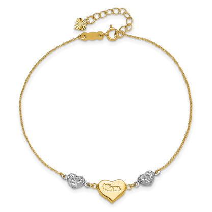 14K Two Tone Puffed Mom Heart And Diamond Cut Beads 7 Inch Bracelet Plus 1 Dangle Extender