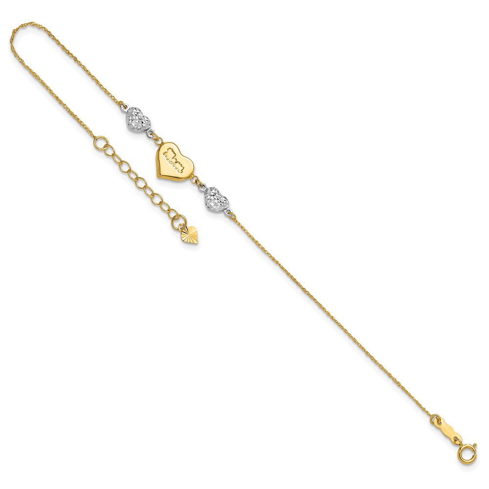 14K Two Tone Puffed Mom Heart And Diamond Cut Beads 7 Inch Bracelet Plus 1 Dangle Extender