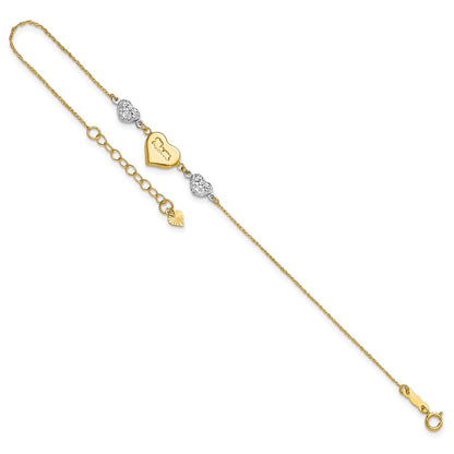 14K Two Tone Puffed Mom Heart And Diamond Cut Beads 7 Inch Bracelet Plus 1 Dangle Extender