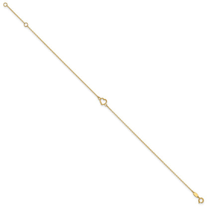 14K Yellow Gold Textured and Polished Heart 9in Plus 1in Ext Anklet