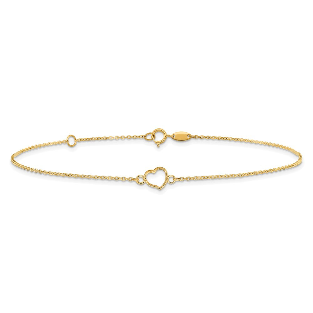 14K Yellow Gold Textured and Polished Heart 9in Plus 1in Ext Anklet