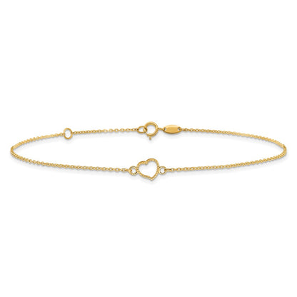 14K Yellow Gold Textured and Polished Heart 9in Plus 1in Ext Anklet