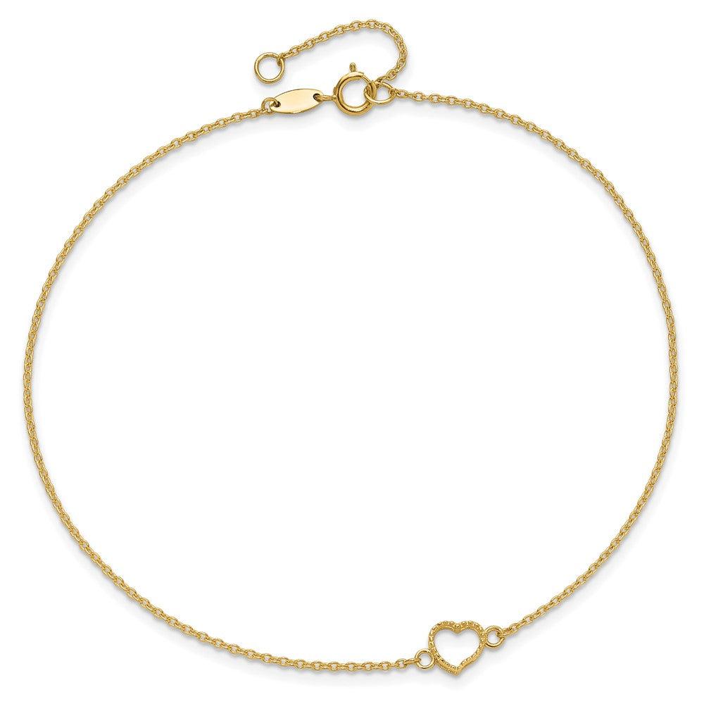 14K Yellow Gold Textured and Polished Heart 9in Plus 1in Ext Anklet