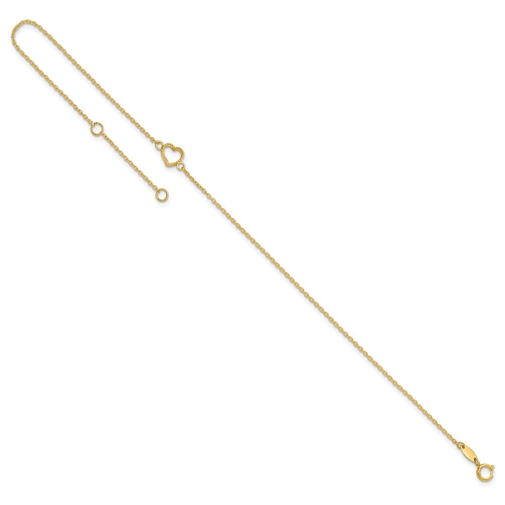 14K Yellow Gold Textured and Polished Heart 9in Plus 1in Ext Anklet