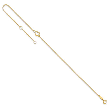 14K Yellow Gold Textured and Polished Heart 9in Plus 1in Ext Anklet