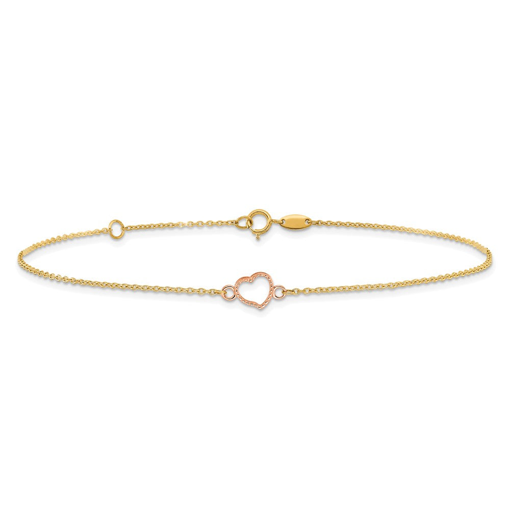 14K Two-Tone Textured and Polished Heart 9in Plus 1in Ext. Anklet