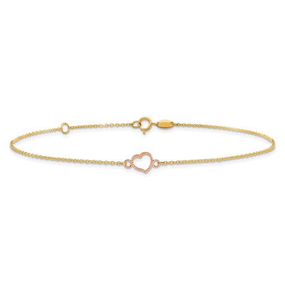 14K Two-Tone Textured and Polished Heart 9in Plus 1in Ext. Anklet