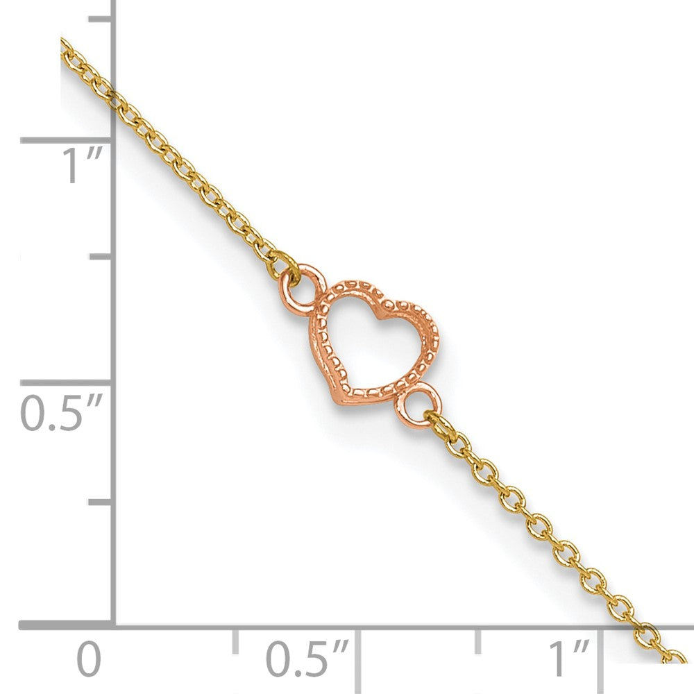 14K Two-Tone Textured and Polished Heart 9in Plus 1in Ext. Anklet