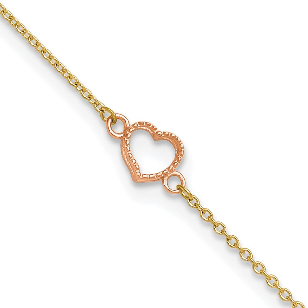 14K Two-Tone Textured and Polished Heart 9in Plus 1in Ext. Anklet