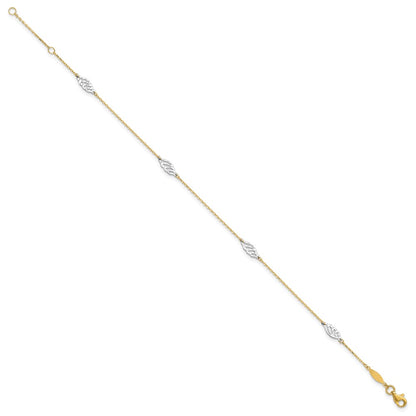 14K Two-Tone Diamond-Cut Polished Leaf 9in Plus 1in Ext. Anklet