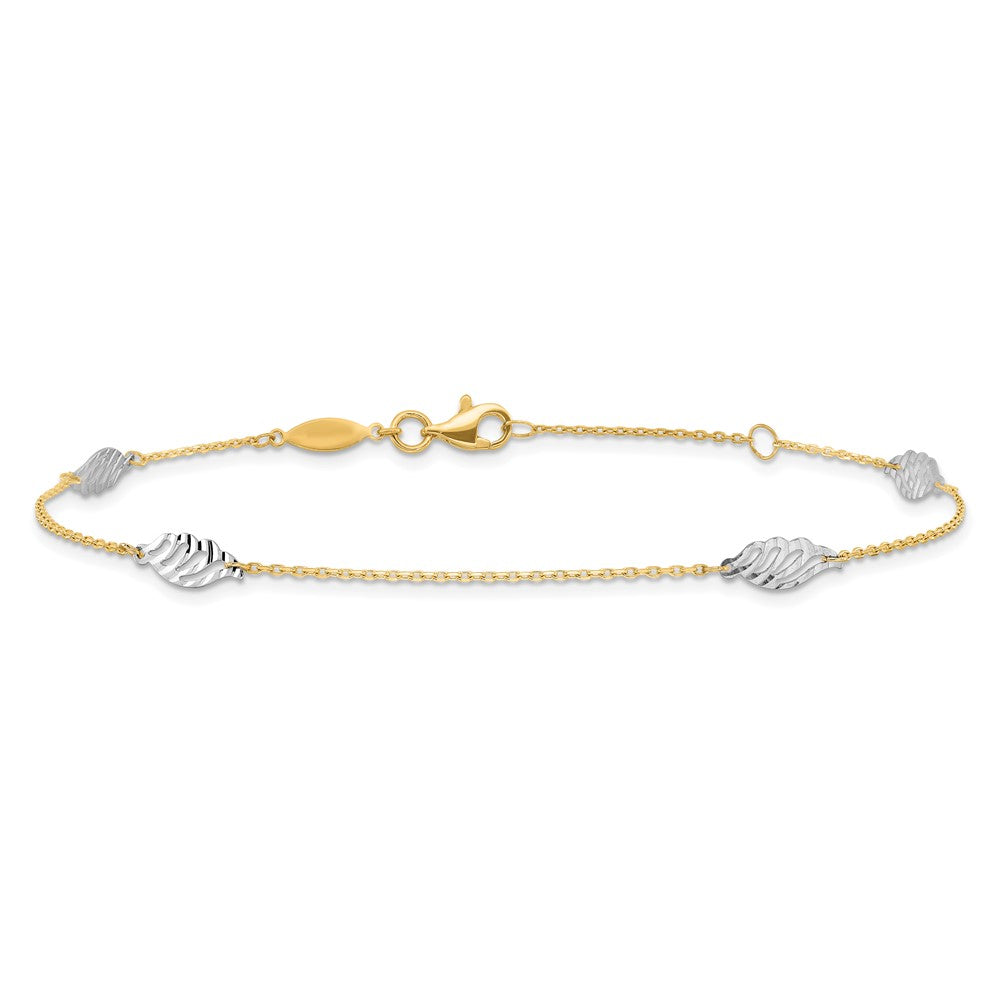 14K Two-Tone Diamond-Cut Polished Leaf 9in Plus 1in Ext. Anklet