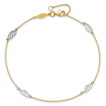 14K Two-Tone Diamond-Cut Polished Leaf 9in Plus 1in Ext. Anklet
