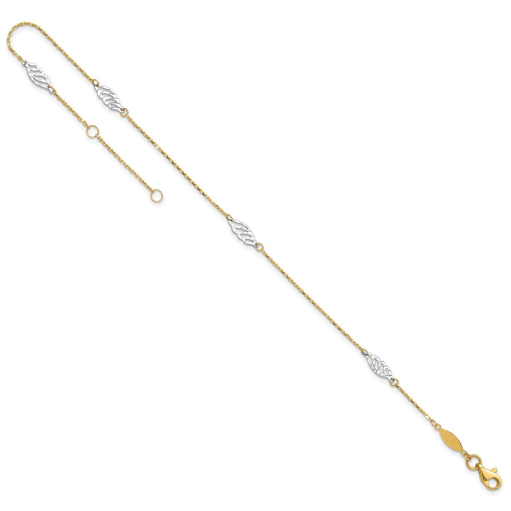 14K Two-Tone Diamond-Cut Polished Leaf 9in Plus 1in Ext. Anklet