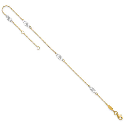 14K Two-Tone Diamond-Cut Polished Leaf 9in Plus 1in Ext. Anklet