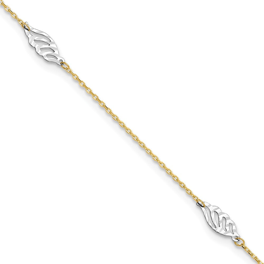 14K Two-Tone Diamond-Cut Polished Leaf 9in Plus 1in Ext. Anklet