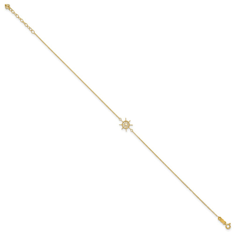 14K Yellow Gold Polished Captains Wheel 9in Plus 1in. Ext. Anklet