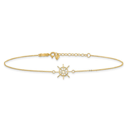 14K Yellow Gold Polished Captains Wheel 9in Plus 1in. Ext. Anklet