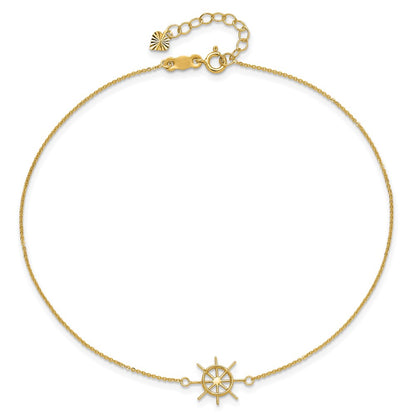14K Yellow Gold Polished Captains Wheel 9in Plus 1in. Ext. Anklet