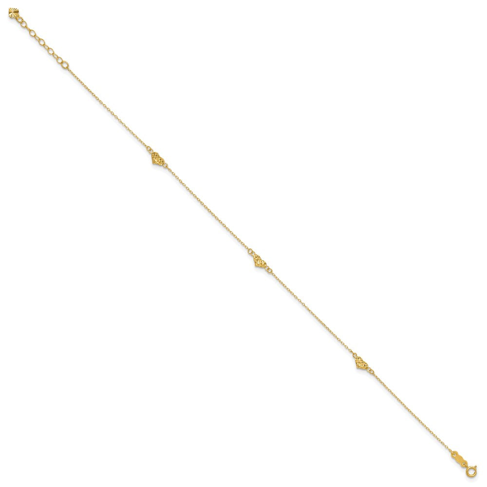 14K Yellow Gold Polished Diamond-Cut Triple Puffed Hearts 10in Plus 1in. Ext. Anklet