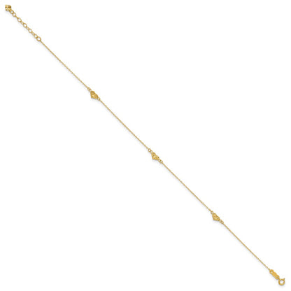 14K Yellow Gold Polished Diamond-Cut Triple Puffed Hearts 10in Plus 1in. Ext. Anklet