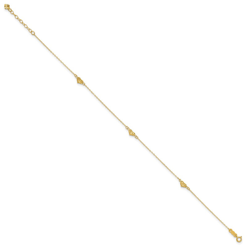 14K Yellow Gold Polished Diamond-Cut Triple Puffed Hearts 10in Plus 1in. Ext. Anklet