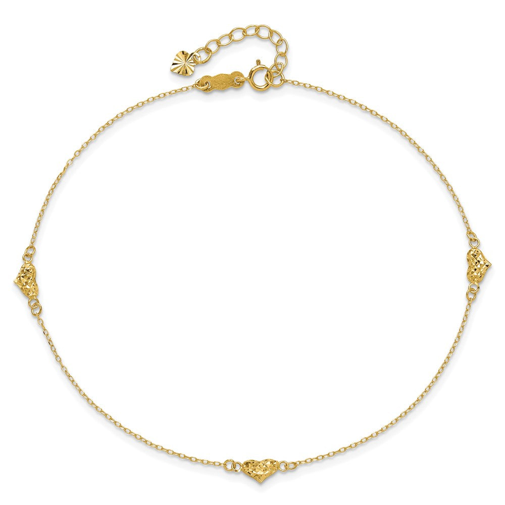 14K Yellow Gold Polished Diamond-Cut Triple Puffed Hearts 10in Plus 1in. Ext. Anklet