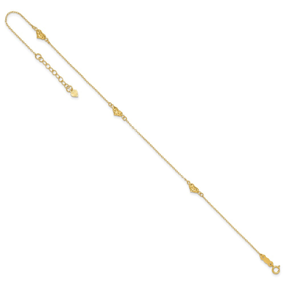 14K Yellow Gold Polished Diamond-Cut Triple Puffed Hearts 10in Plus 1in. Ext. Anklet