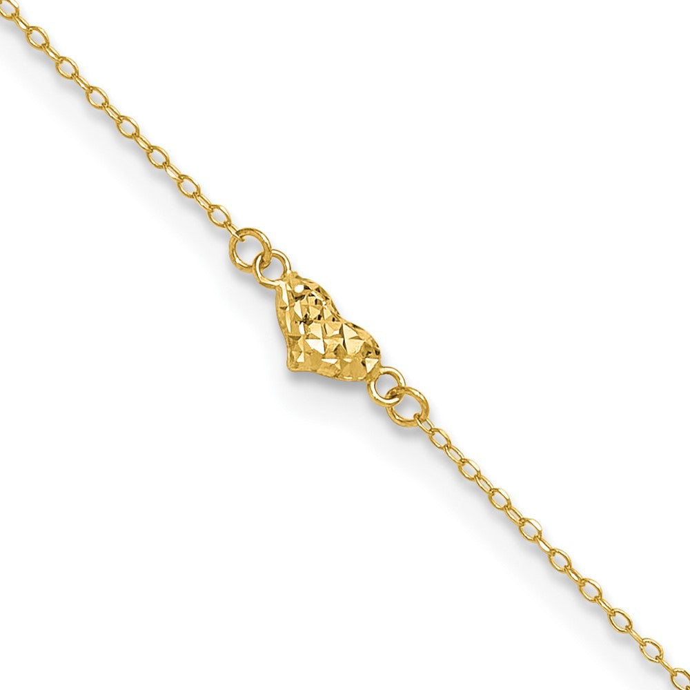 14K Yellow Gold Polished Diamond-Cut Triple Puffed Hearts 10in Plus 1in. Ext. Anklet