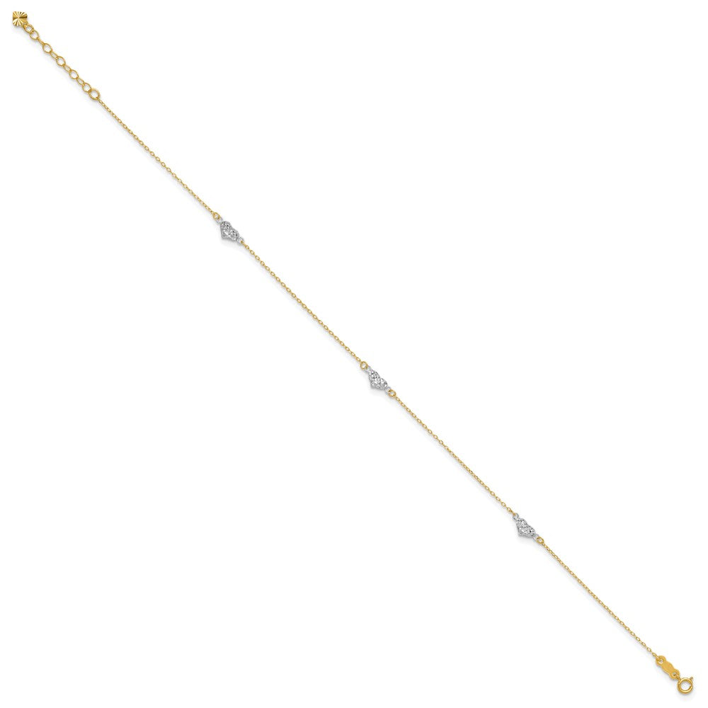 14K Two-Tone Polished D/c Triple Hearts 9in w/1in. Ext. Anklet