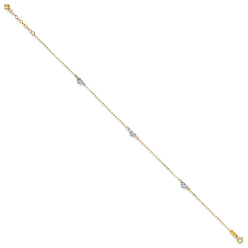 14K Two-Tone Polished D/c Triple Hearts 9in w/1in. Ext. Anklet