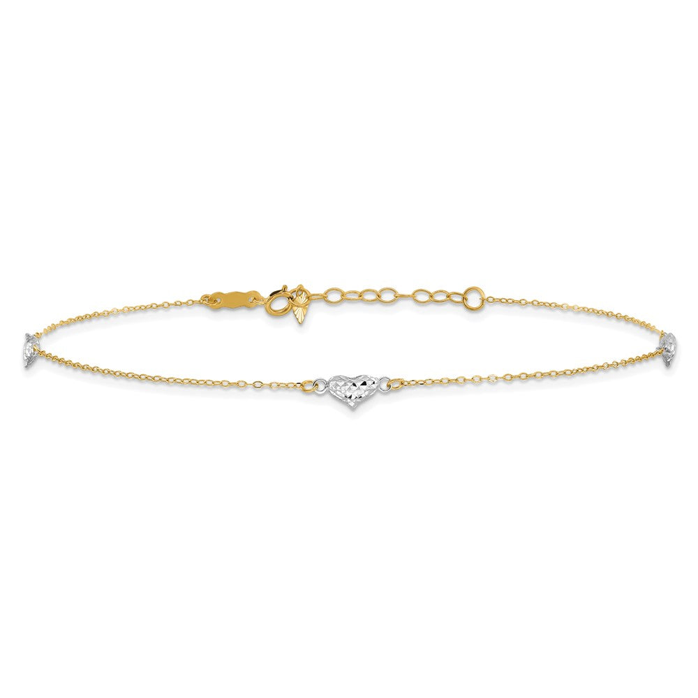 14K Two-Tone Polished D/c Triple Hearts 9in w/1in. Ext. Anklet