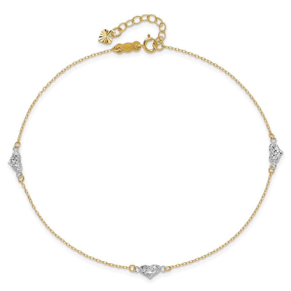 14K Two-Tone Polished D/c Triple Hearts 9in w/1in. Ext. Anklet