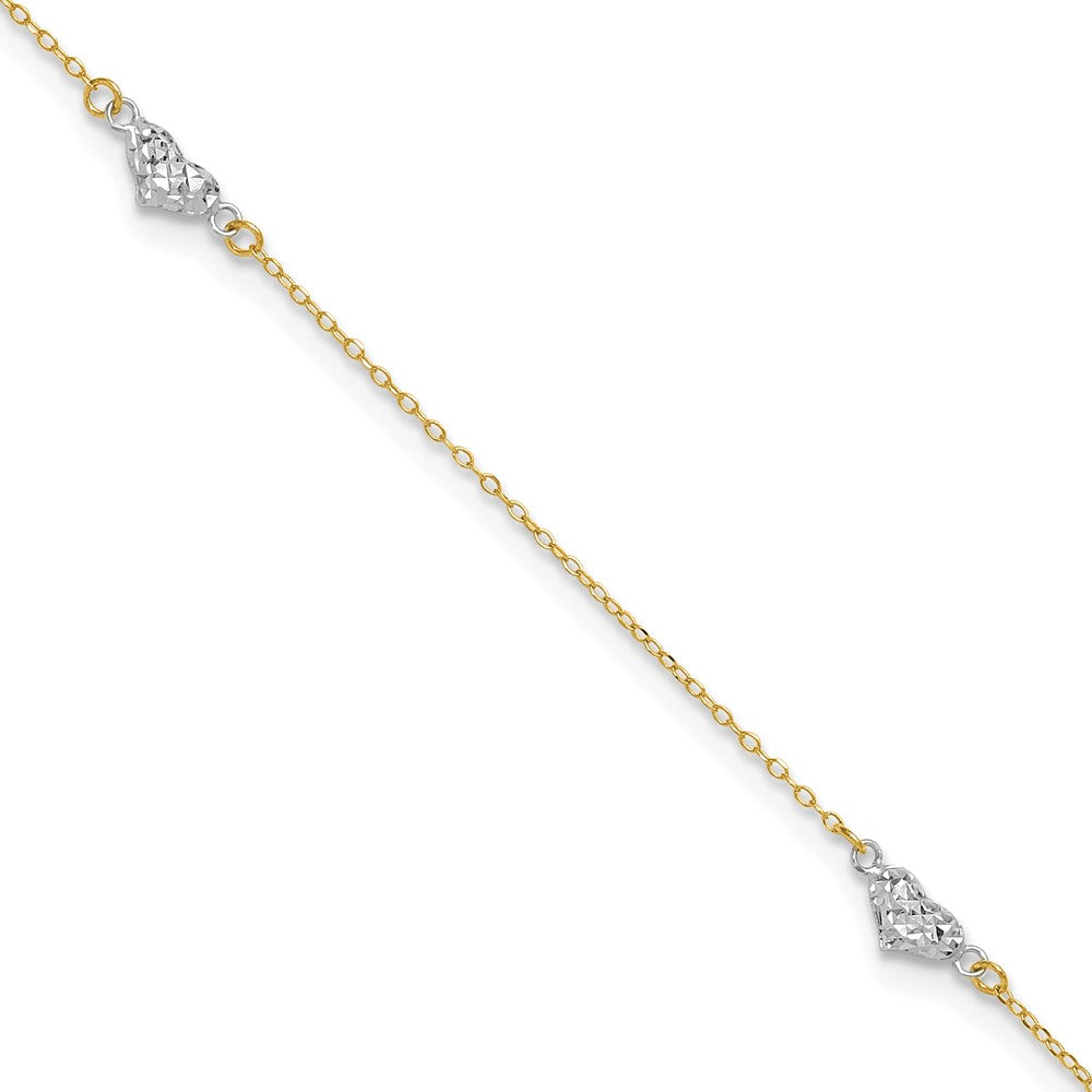 14K Two-Tone Polished D/c Triple Hearts 9in w/1in. Ext. Anklet