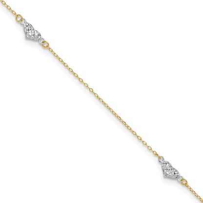 14K Two-Tone Polished D/c Triple Hearts 9in w/1in. Ext. Anklet