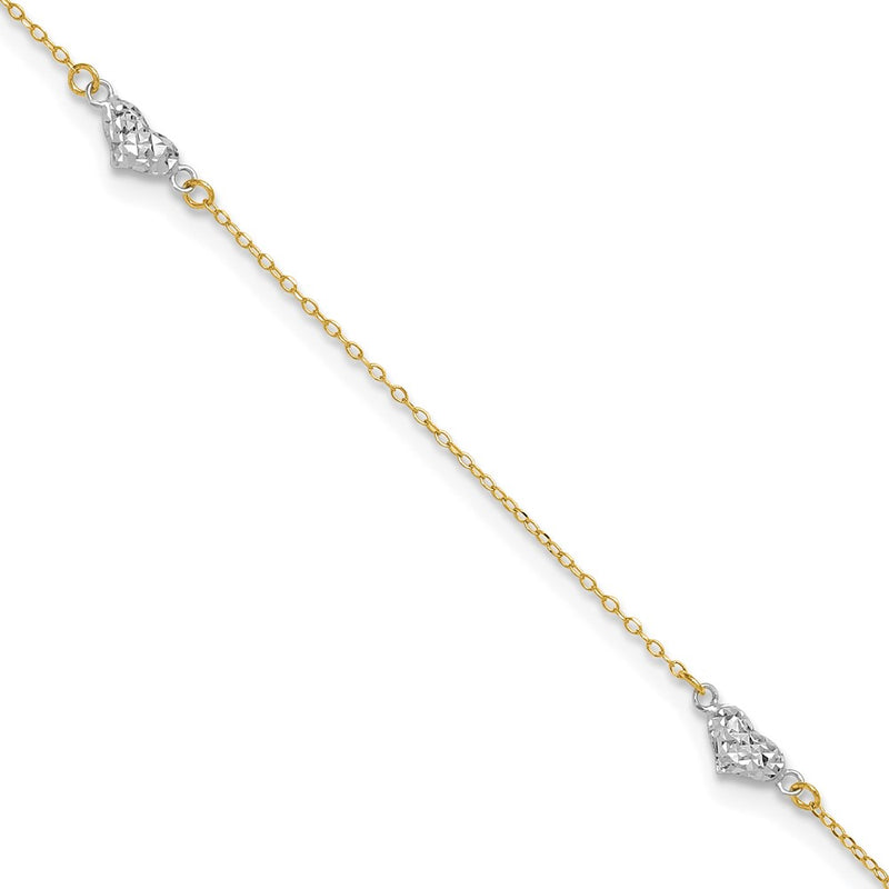 14K Two-Tone Polished D/c Triple Hearts 9in w/1in. Ext. Anklet