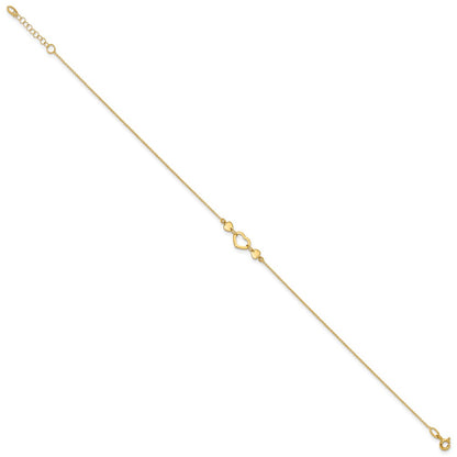 14K Yellow Gold Polished Heart with 10in Plus .75in Ext. Anklet
