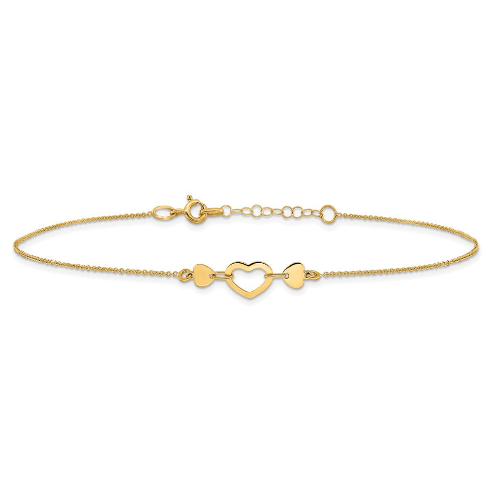 14K Yellow Gold Polished Heart with 10in Plus .75in Ext. Anklet