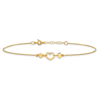 14K Yellow Gold Polished Heart with 10in Plus .75in Ext. Anklet