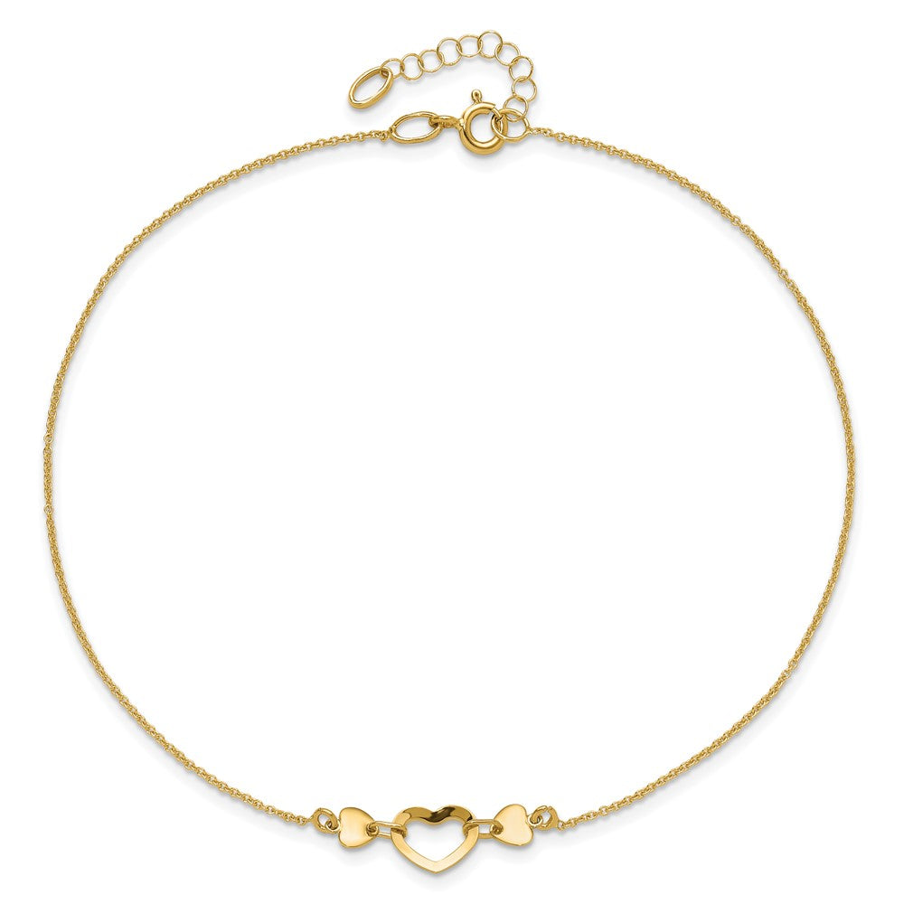 14K Yellow Gold Polished Heart with 10in Plus .75in Ext. Anklet