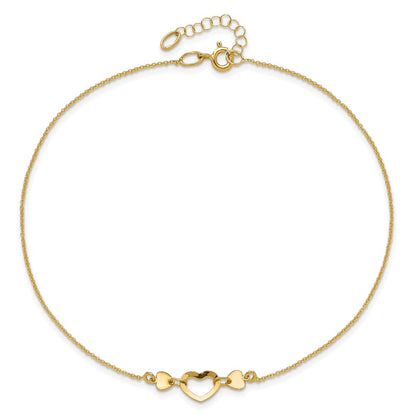 14K Yellow Gold Polished Heart with 10in Plus .75in Ext. Anklet