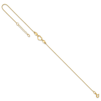 14K Yellow Gold Polished Heart with 10in Plus .75in Ext. Anklet