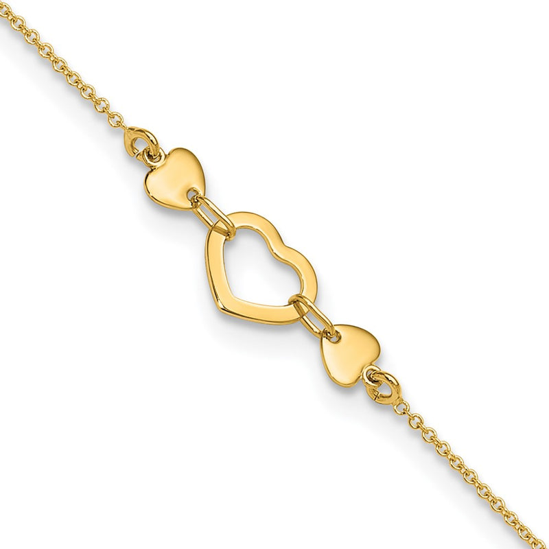 14K Yellow Gold Polished Heart with 10in Plus .75in Ext. Anklet