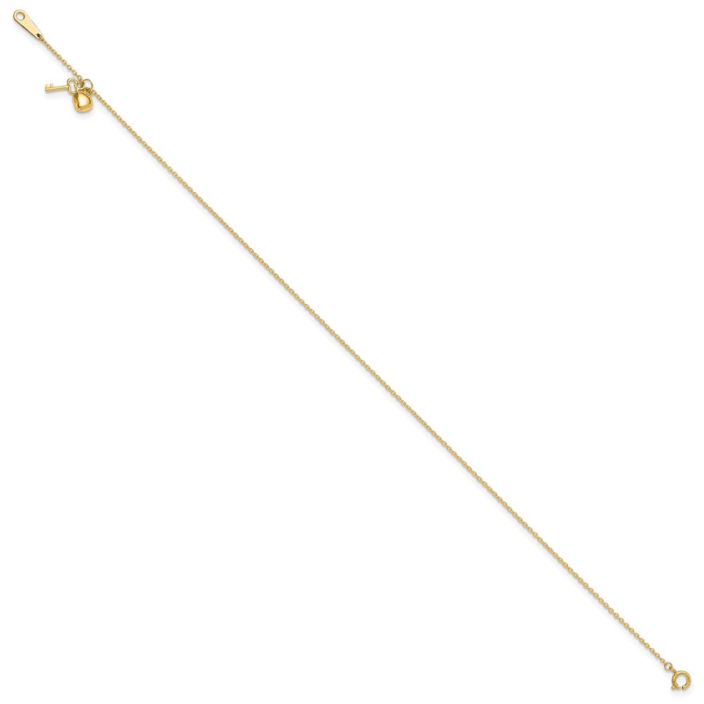 14K Yellow Gold Gold Heart and Key 9in Plus 1in Ext. Anklet