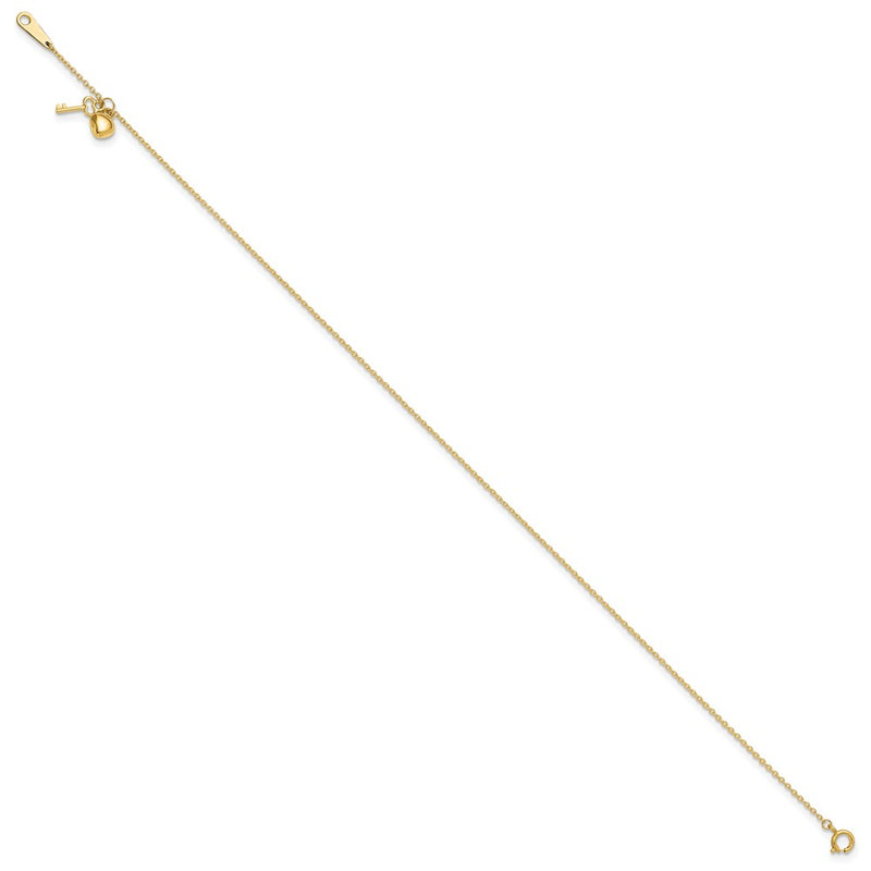 14K Yellow Gold Gold Heart and Key 9in Plus 1in Ext. Anklet