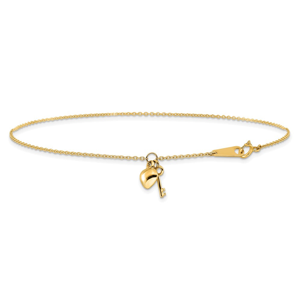 14K Yellow Gold Gold Heart and Key 9in Plus 1in Ext. Anklet