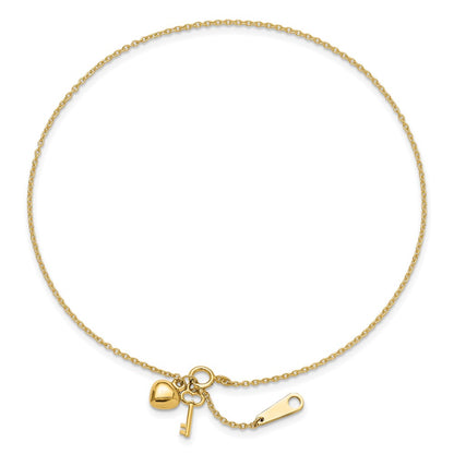 14K Yellow Gold Gold Heart and Key 9in Plus 1in Ext. Anklet